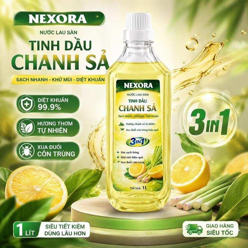NEXORA Nước Lau Sàn Tinh Dầu Chanh Sả 1L - 3in1 Sạch Nhanh Khử Mùi Xua Côn Trùng - An Toàn Cho Gia Đình - NuocLausan3in1