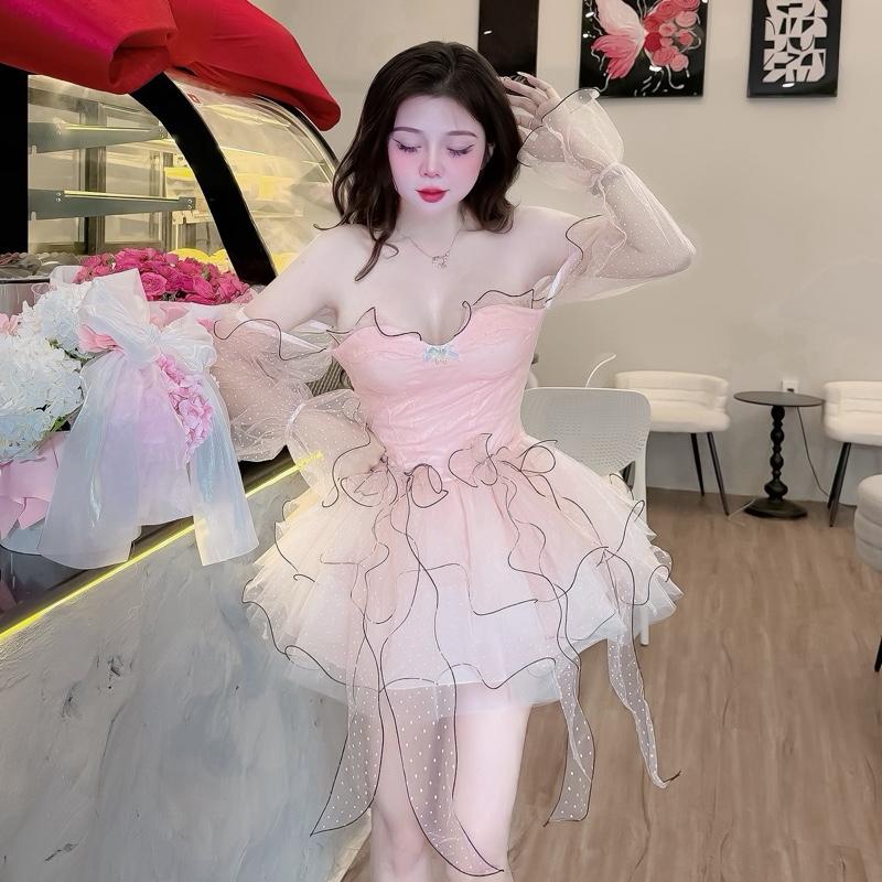 Pk666 Váy Lưới Bi Tay Dài Bèo Xoè Nơ Xinh ảnh thật tôn dáng nữ tính,38-54kg sz S M