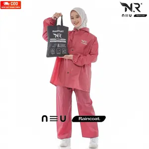 RAINCOAT, Jas Hujan NR Bahan Premium PVC Setelan Pria Wanita Anti Rembes Merah