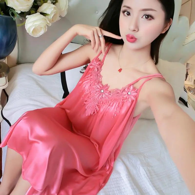 [ Racun Lingerie ]  Daster Dress Baju Tidur Nightwear Wanita Dewasa Sexy Tanpa Lengan Tali Pundak Lumbai Deep Brukat  With Muatiara Mewah Satin Silk FS38 1