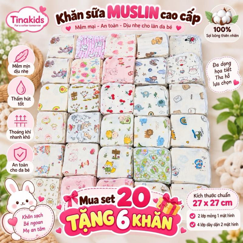 Khăn sữa muslin 2 và 4 lớp cotton cao cấp thấm hút , mềm mại, an toàn cho