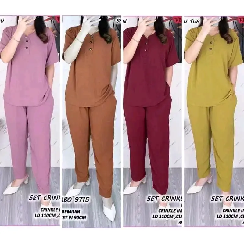 Setelan crinkle wanita celana panjang lengan pendek/ one set wanita kekinian terlaris Airflow Baju Kancing