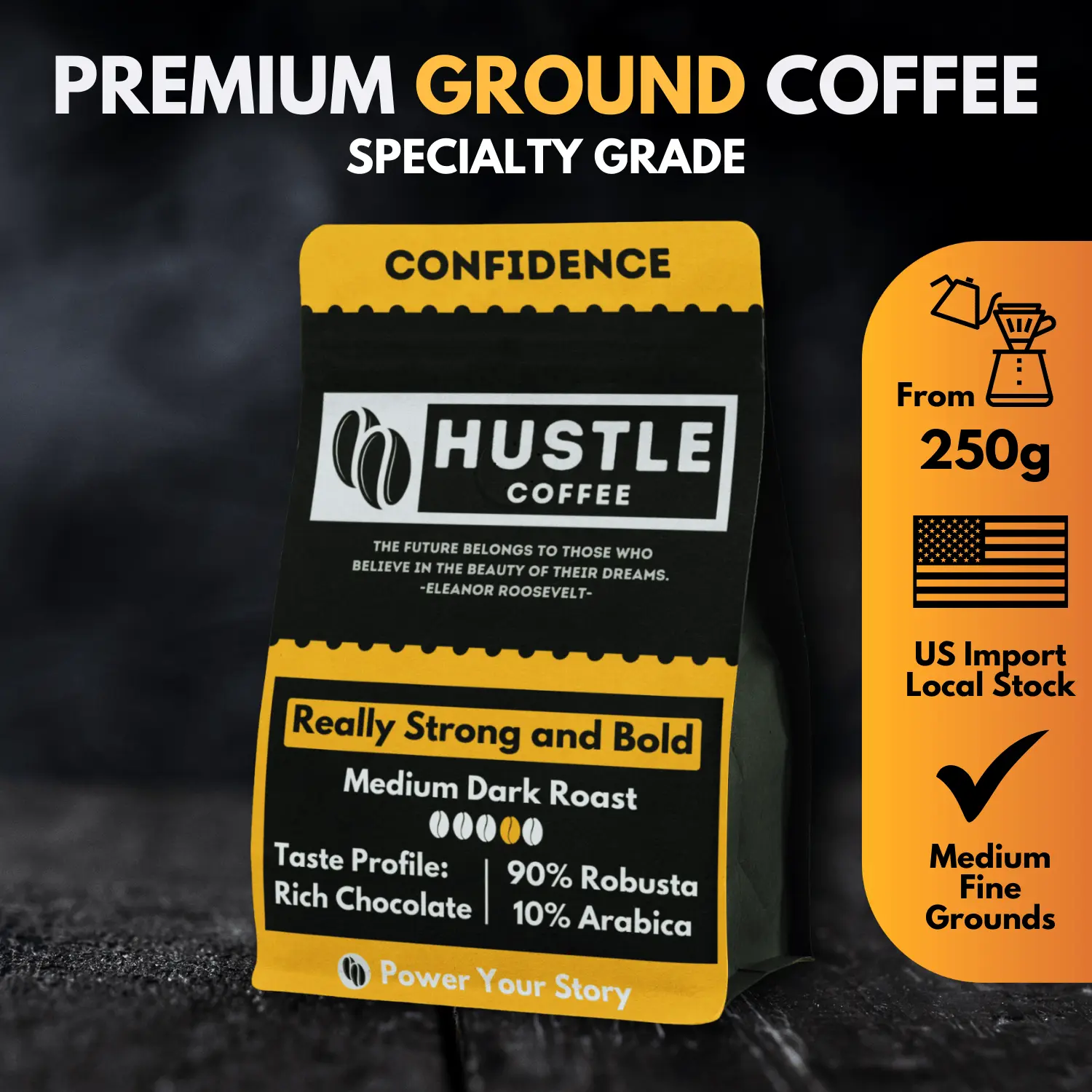 Ground Coffee - Confidence by Hustle Coffee  | Specialty Roasted Vietnam Coffee (Coffee Powder) Bean Beverage Dark
