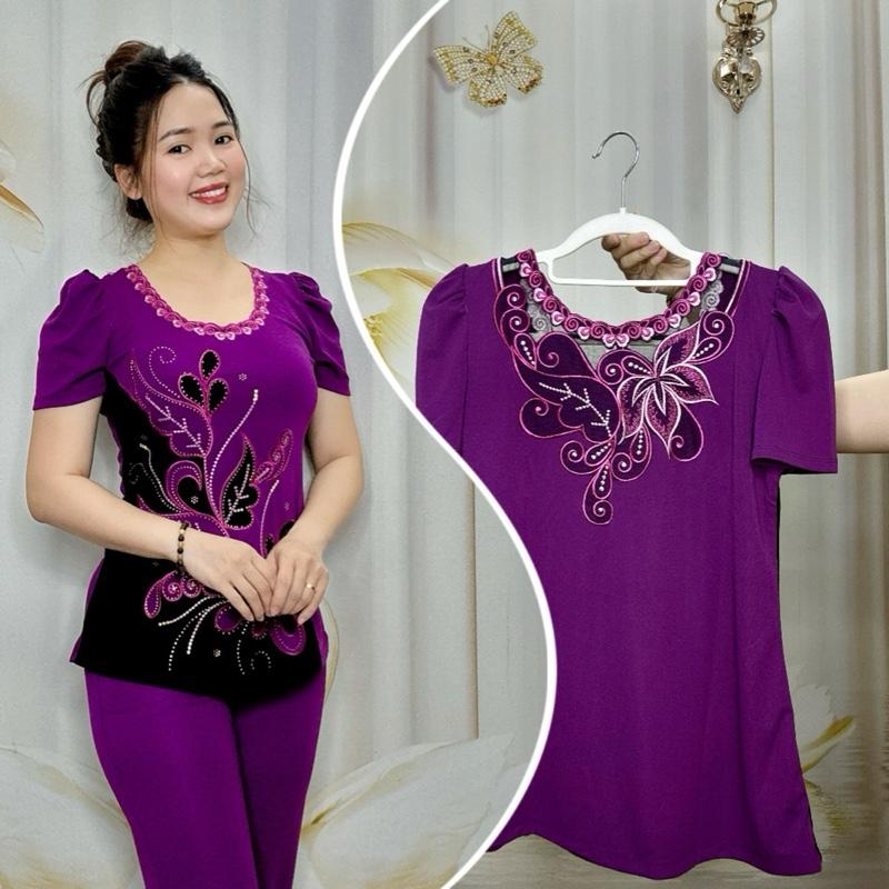 Hải Sơn A85 Đồ bộ nữ trung niên áo thêu hoa phối lộng cổ sau thêu chất liệu thun solen Hàn co giãn thoải mái size 47-90kg