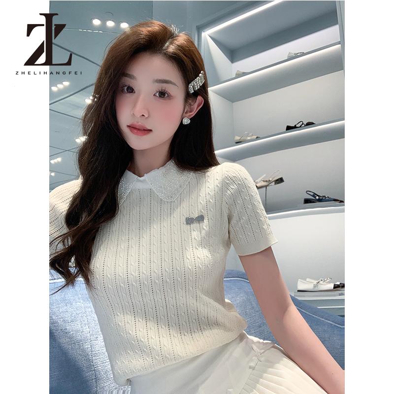 Áo len dệt kim ngắn tay chắp vá mùa hè Hàn Quốc dành cho nữ Áo len dệt kim mỏng vừa vặn