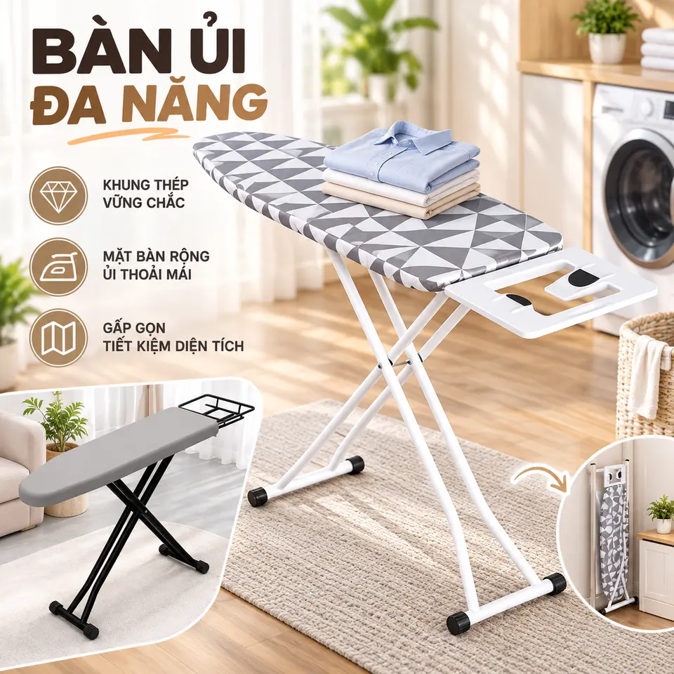 Bàn Ủi Quần Áo Gấp Gọn 90x30cm – Điều Chỉnh Độ Cao 73–83cm, Tiết Kiệm Không Gian