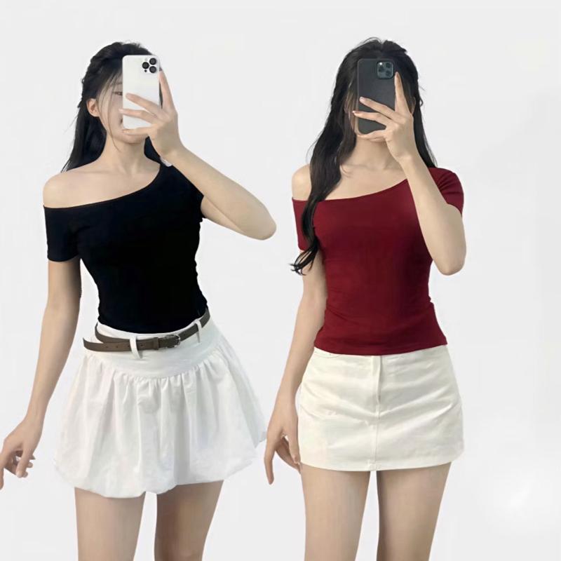 A52a Áo Thun Kiểu Cổ Trễ Vai 1 bên Dáng Tay Ngắn Ôm Body Tôn Dáng Phong Cách Mới Chất Thun XỊn size dưới 53kg