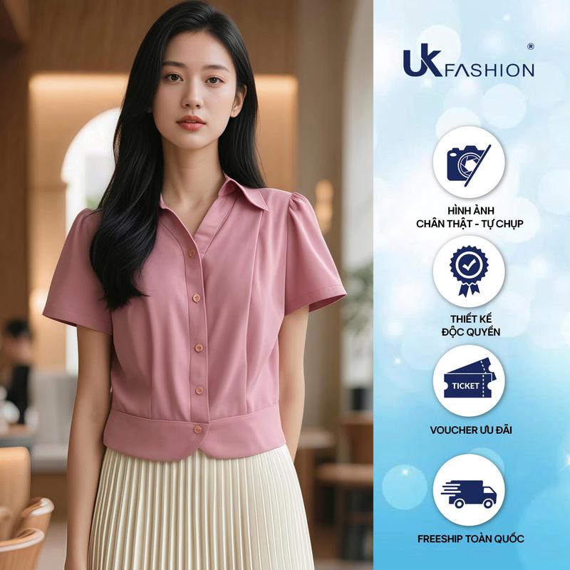  Áo Sơ Mi Cổ V Lá Bo Gấu Tròn UK Fashion Thời Trang Công Sở Nữ Thanh Lịch Vải Mềm Mát UKSM2507027 