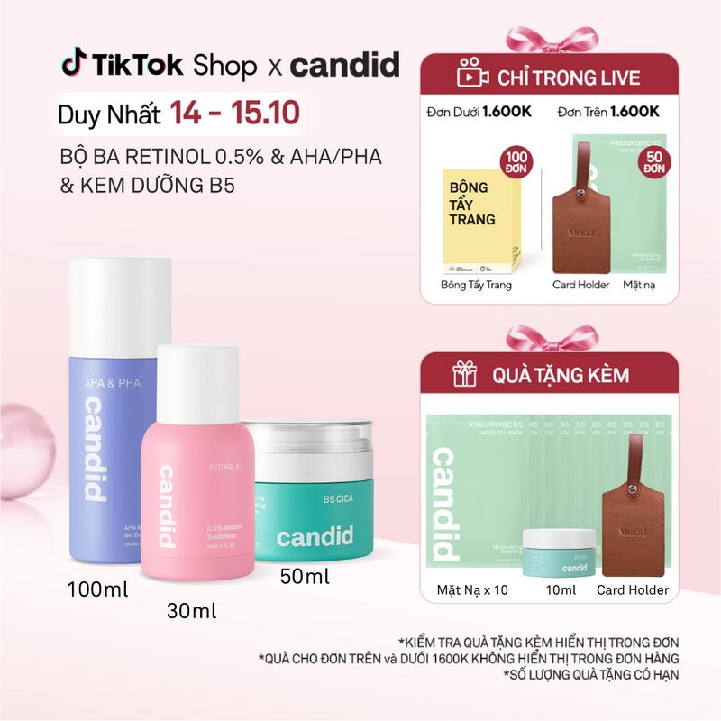 Bộ Ba Hỗ Trợ Cải Thiện Và Phục Hồi Da Candid Retinol 0.5% 30ml & Kem Dưỡng B5 Cica 50ml & AHA/PHA 100ml