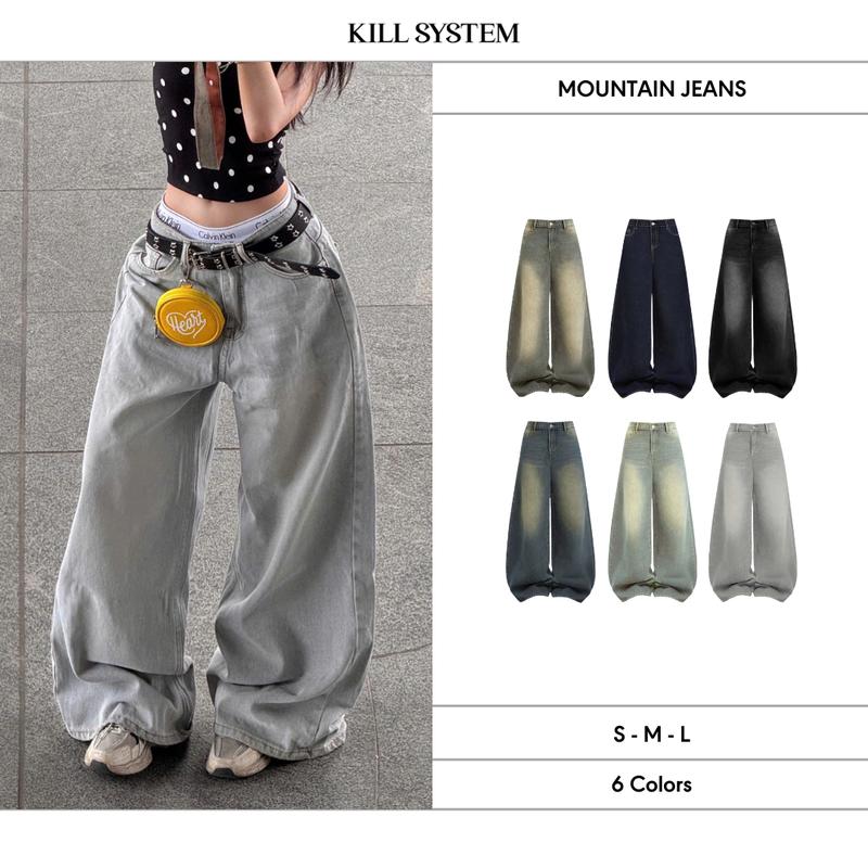 Quần Jeans wash Killsystem ống rộng Mountain quần bò wash unisex thời trang nam nữ 