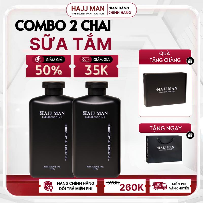 Combo sữa tắm gội nam HAJJ MAN Luxurious 3 in1 350ml hương nước hoa cao cấp Arbutin Massage Dưỡng Thể