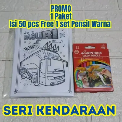 PROMO Termurah Paket 50 Lembar Gambar /Kertas Gambar Mewarnai Anak GRATIS Pensil Warna - Seri KENDARAAN