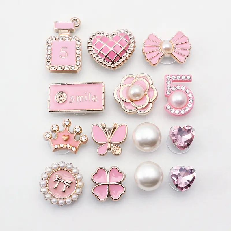 14 Buah Croc Aksesoris hiasan sepatu pin aksesoris sandal Shoe Accessories hadiah anak anak Girl Pink Style Shoe Charms Set Advanced Pearl DIY Croc Charm