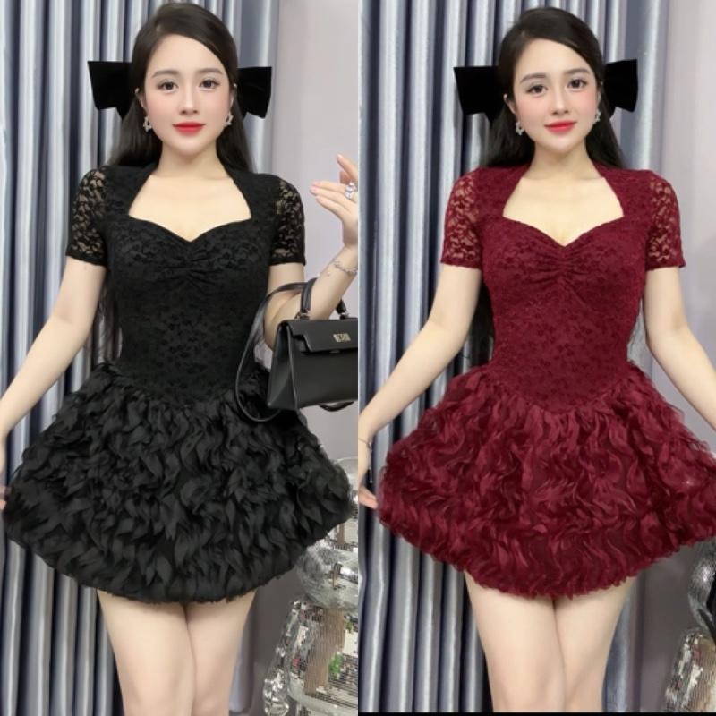 B102: Đầm Xoè Cổ U Phối Tùng Xoè Gợn Sóng Tay Ngắn Xinh Sang Đi Chơi Đi Tiệc Mỹ Anh Boutiuqe