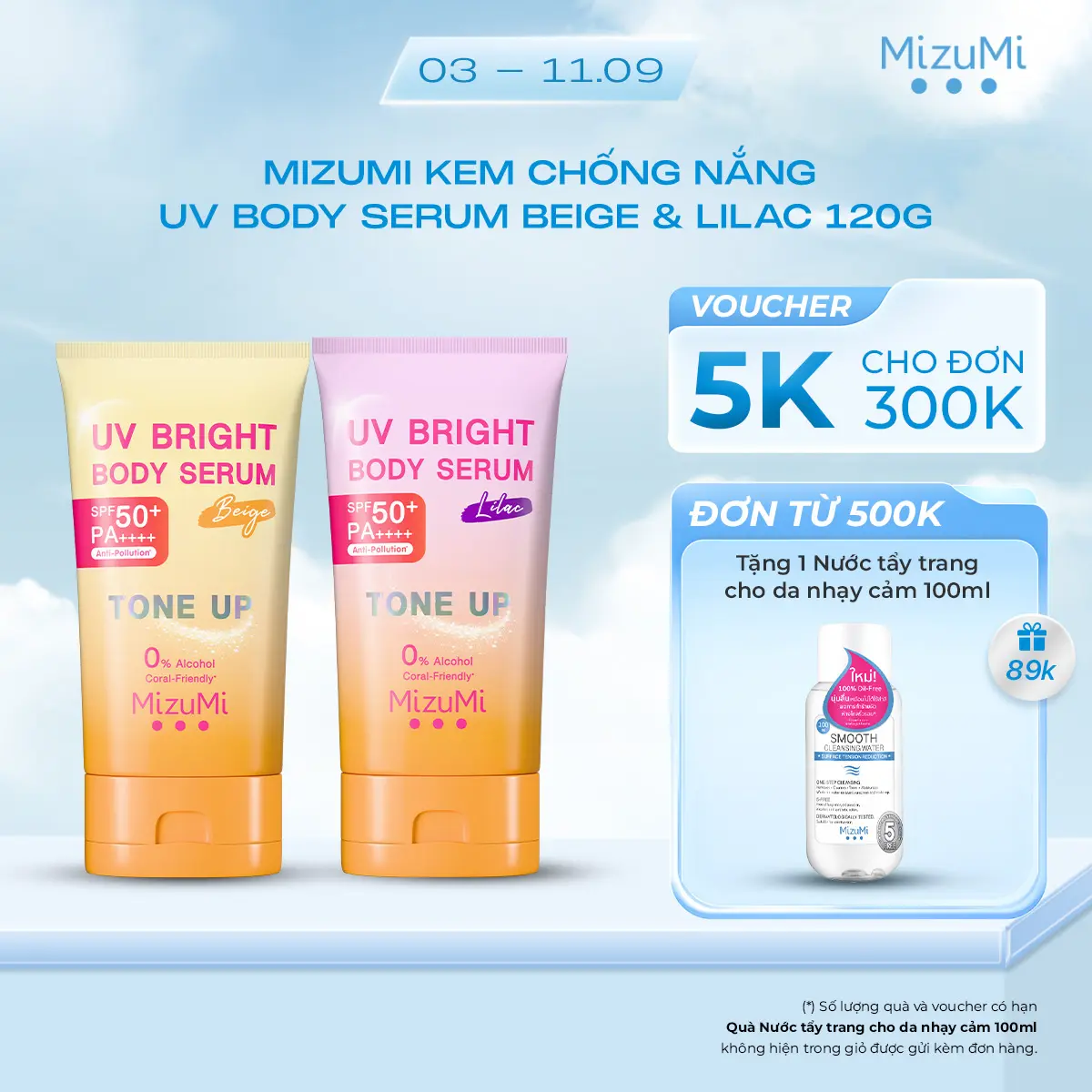 Kem Chống Nắng Nâng Tone Mizumi UV Bright Body Serum Lilac SPF50+ PA++++ 120g