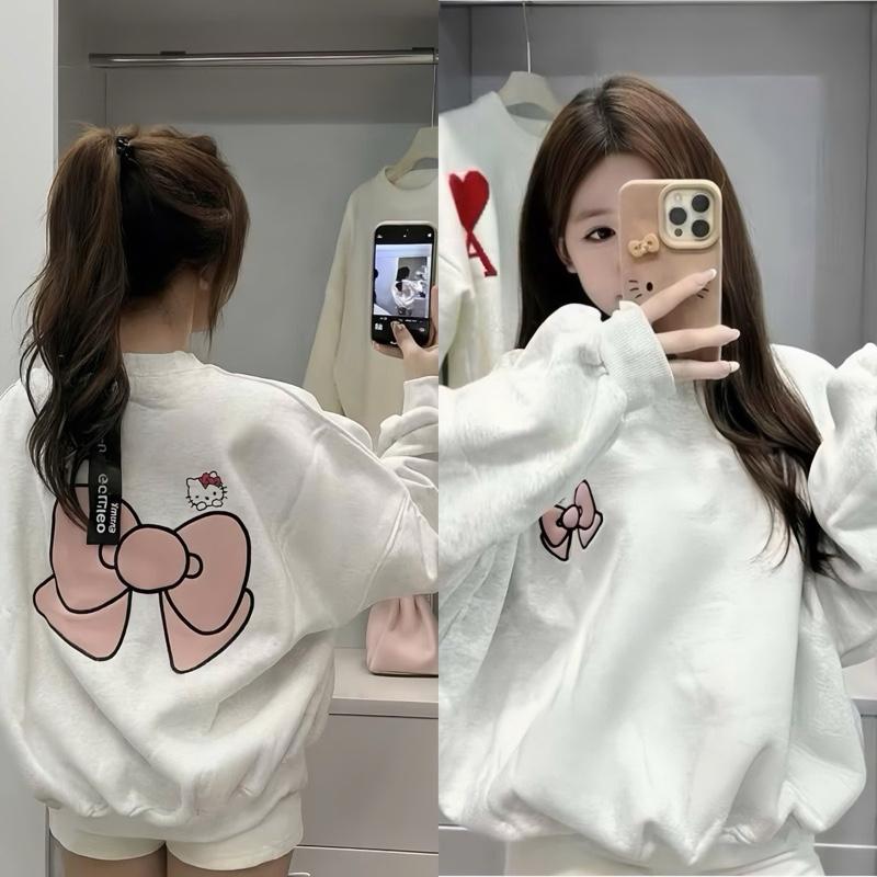  NTH BIGSIZE- Áo Sweater IN NƠ 2 MẶT Nỉ Cổ Tròn In Hình Nơ Tay Dài Dáng Bồng Dễ Thương,cute 55-100kg 