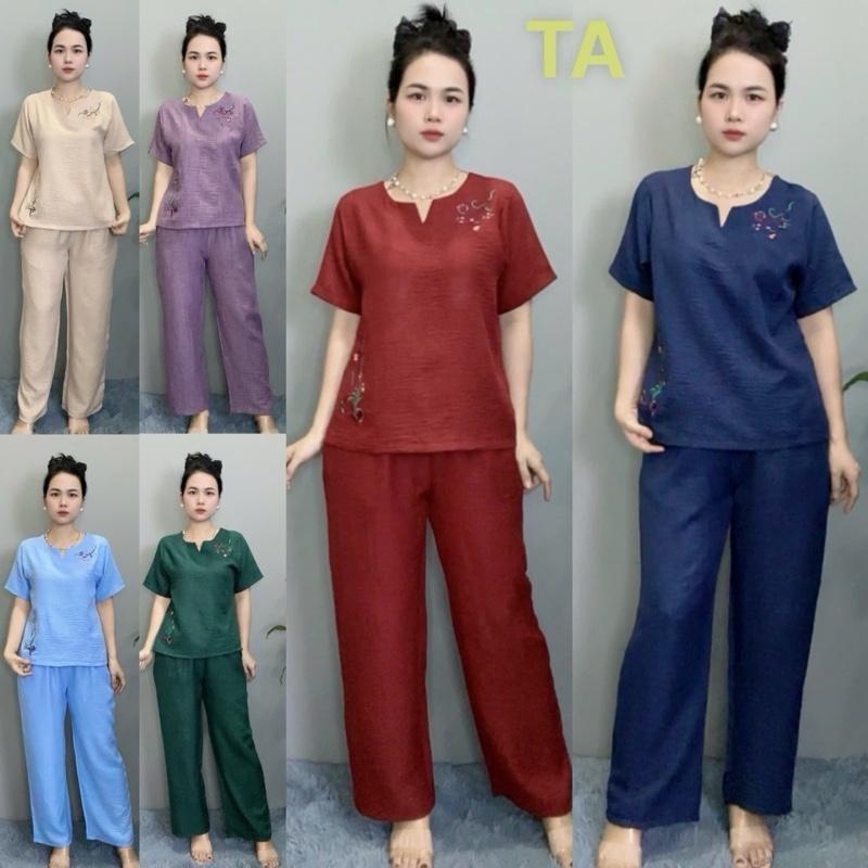   TA  Đồ Bộ Trung Niên Cổ V Thêu Họa Tiết Thiết Kế Mã TA-15 FREESHIP Chất Vải Đũi Nhập Khẩu Mềm Mại Co Giãn Nhẹ Chuẩn Phom Quần Suông Dài Mặc Mát. 