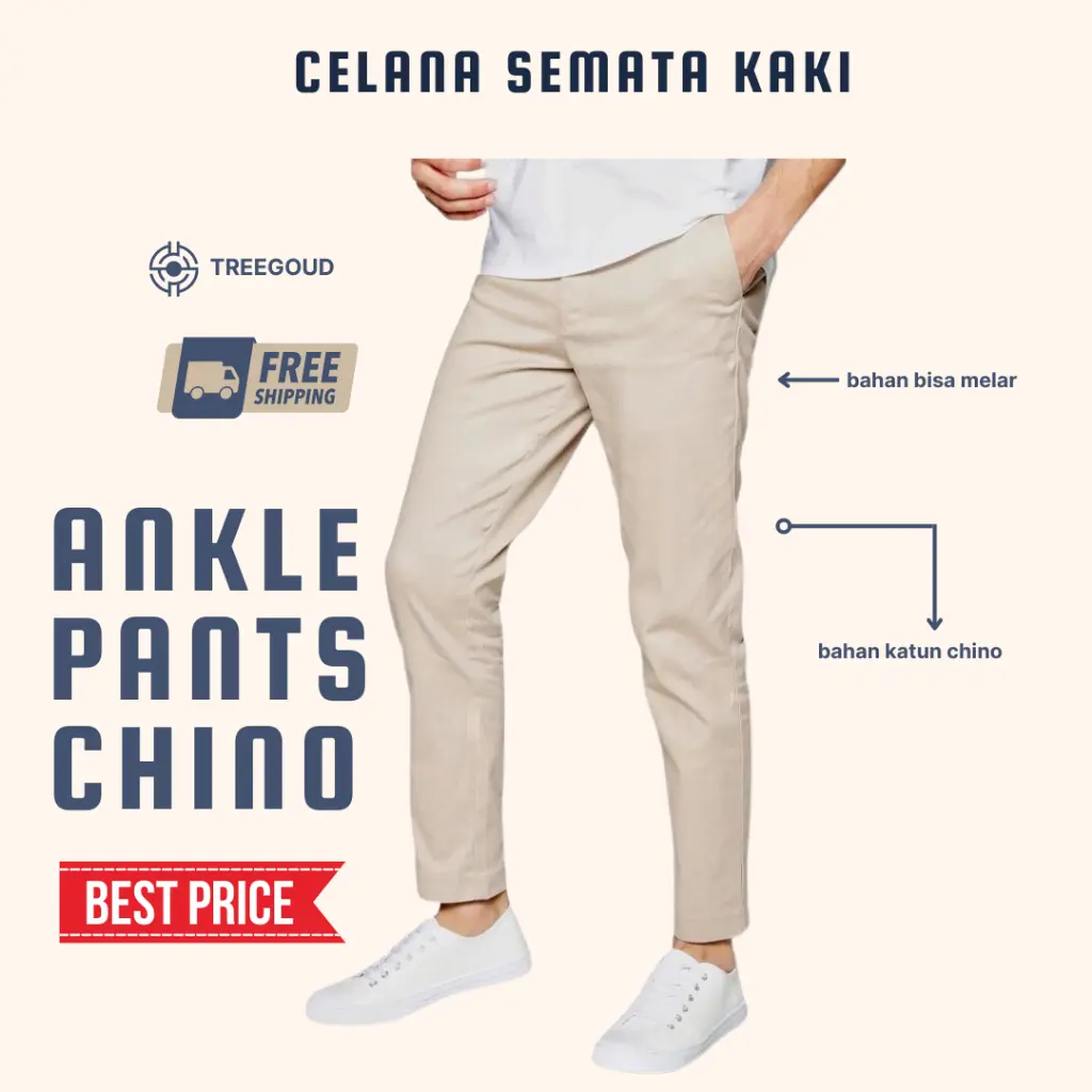 Treegoud Ankle Pants Chino Pria Reguler Fit Celana Angkle Pants Pria Celana Chinos Panjang Pria Jumbo Ankle Pants Celana Cream Pria Panjang Celana Putih Ankle Chino Ankle Pants Cream