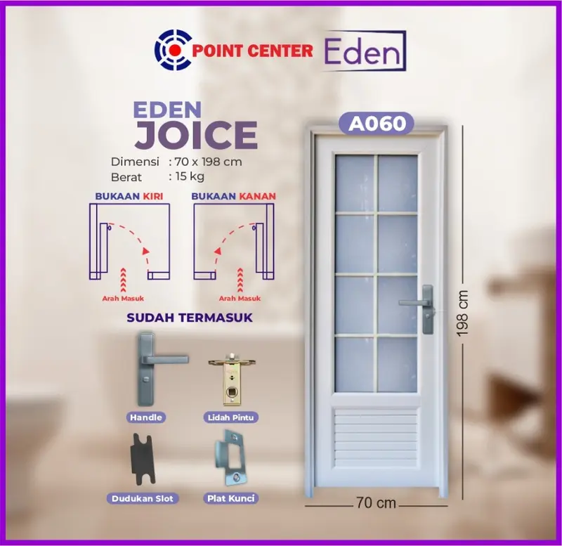 TERBAIK PINTU KAMAR MANDI UPVC EDEN JOICE 3/4 KACA MOTIF TIPE A060 UPVC 4
