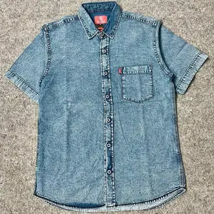 Isco denim Kemeja  jeans Pria lengan  pendek  single pocket  Casual Nyaman