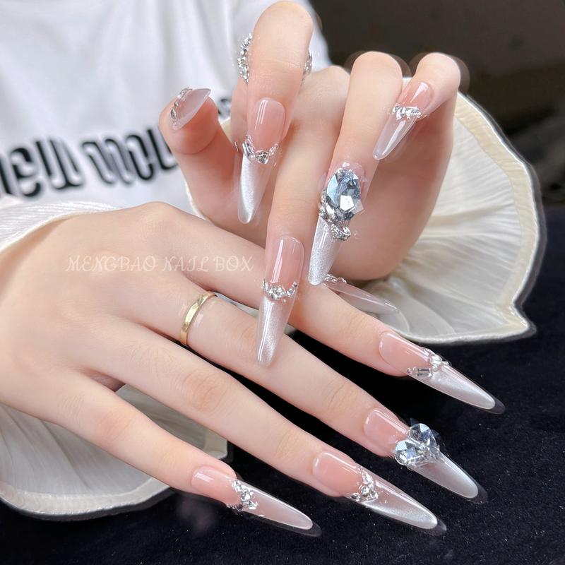 Mã B088 Nail Box Móng Tay Giả Màu Hồng Đào Mắt Mèo Đính Đá Màu Vàng Bộ Móng Nhọn Dài Đơn Giản Trẻ Trung Lấp Lánh Xinh Xắn Lung Linh Sang Trọng Đi Tiệc Đi Chơi Chụp Kỷ Yếu
