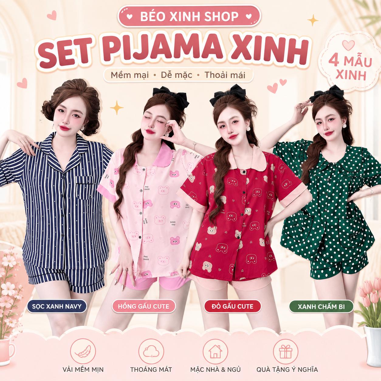 Set Pijama Nữ Bigsize 50-100kg Vải Lụa Nhật Lạnh, Đồ Bộ Mặc Nhà Quần Đùi Mềm Mát Dễ Thương – A.TH
