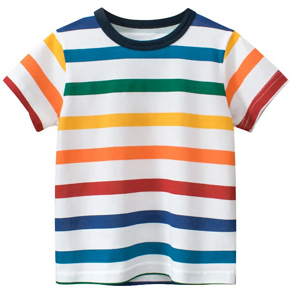 Kemeja-t berjalur berwarna-warni untuk kanak-kanak, Baju atasan untuk kanak-kanak, pakaian lengan pendek untuk kanak-kanak, pakaian kapas dengan jahitan