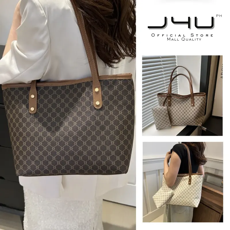 J4U‘s 2-in-1 Vintage Printed Leather Tote Bags for Women Versatile Large Capacity Shoulder Female Classic Commuter Luxury Handbags Women's Compact