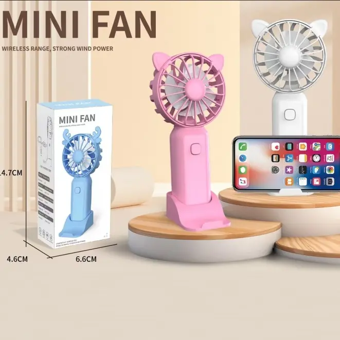 Kipas Kecil Mini USB Isi Ulang Penggunaan Dalam Ruangan COD Plastik Kartun Mahasiswa Portabel Bisu Genggam Telinga Kucing Angin 1