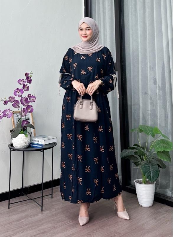 Gamis rayon kekinian motif pita lengan panjang | gamis rayon adem motif terbaru busui ld 120 best