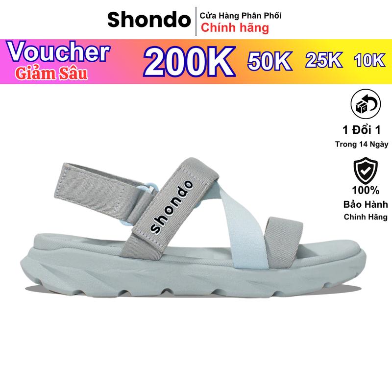 Giày Sandals Nam Nữ Shondo F6 Sport Đế Xám Phối Quai Xanh Da Trời F6S2030 Đế Bằng