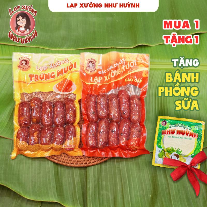 COMBO 2 VỊ LẠP XƯỞNG TƯƠI TRUYỀN THỐNG- TRỨNG MUỐI Sấy khô dẻo + [ TẶNG BÁNH PHỒNG SỮA ]  + Đặc sản Cai Lậy ( Tiền Giang) VỊ MẶN NGỌT +bao gồm 500g lạp xưởng truyền thống 80% nạc và 500g lạp xưởng trứng muối 85% nạc( trứng chiếc có chiếc không )