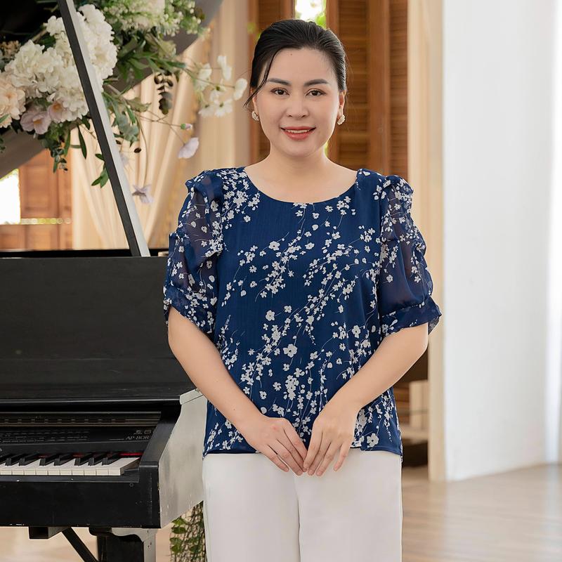 GUMOM Áo Kiểu Trung Niên U50 U60 Cao Cấp Cổ Tròn Đính Ngọc Áo tặng mẹ Sang Trọng Cho Nữ - Women Nhung Kem Xanh Nho Tua Rua Top Voi