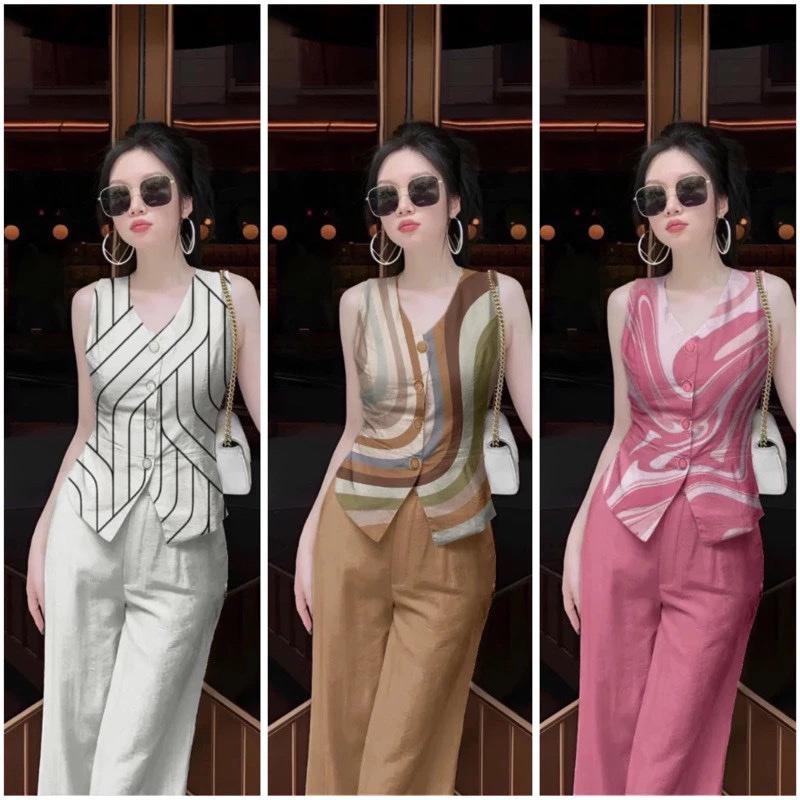 Set Đồ Nữ, Áo Sát Nách, Quần Dài, Đồ Công Sở Hàng Thiết kế, Mặc đi làm đi biển, Áo vải lụa hàn quần đũi xước (Mã MB)