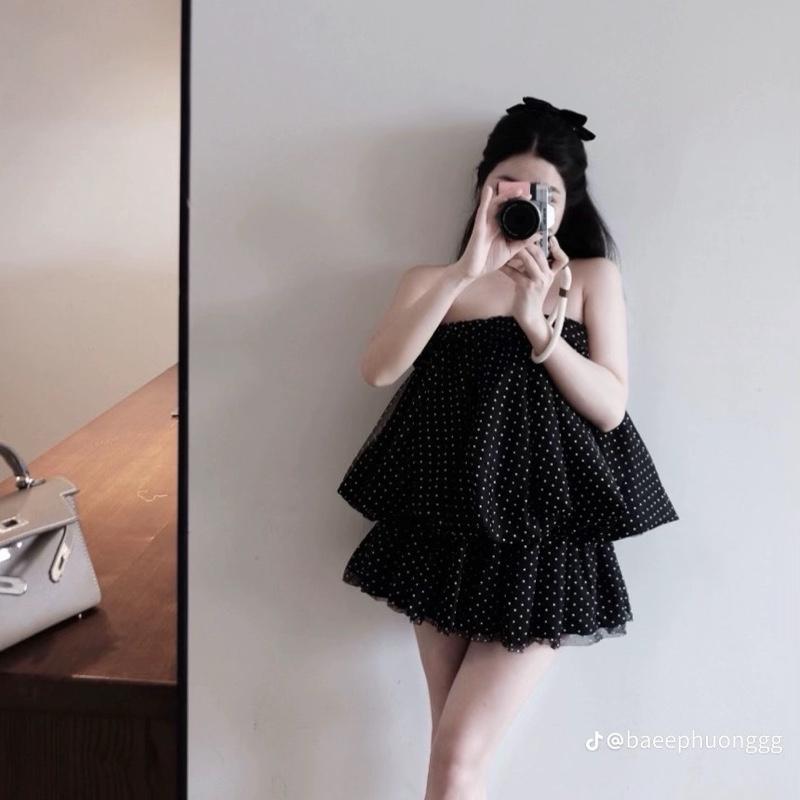 P243 - Set áo quây ren cúp ngực chấm bi mix chân váy xòe phối ren lưới