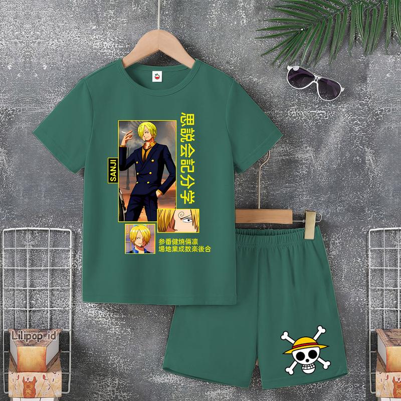 Baju Anak Stelan Usia 4 -10 Tahun LUFFY ONE PIECE Kaos 3/4 Cowok Cewek Celana Pendek Harian 1