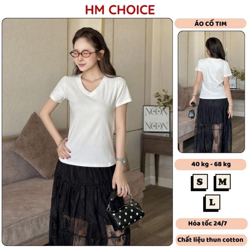 Áo thun nữ cổ tim HM tay ngắn dáng trơn form vừa, áo phông cổ v vải cotton màu…