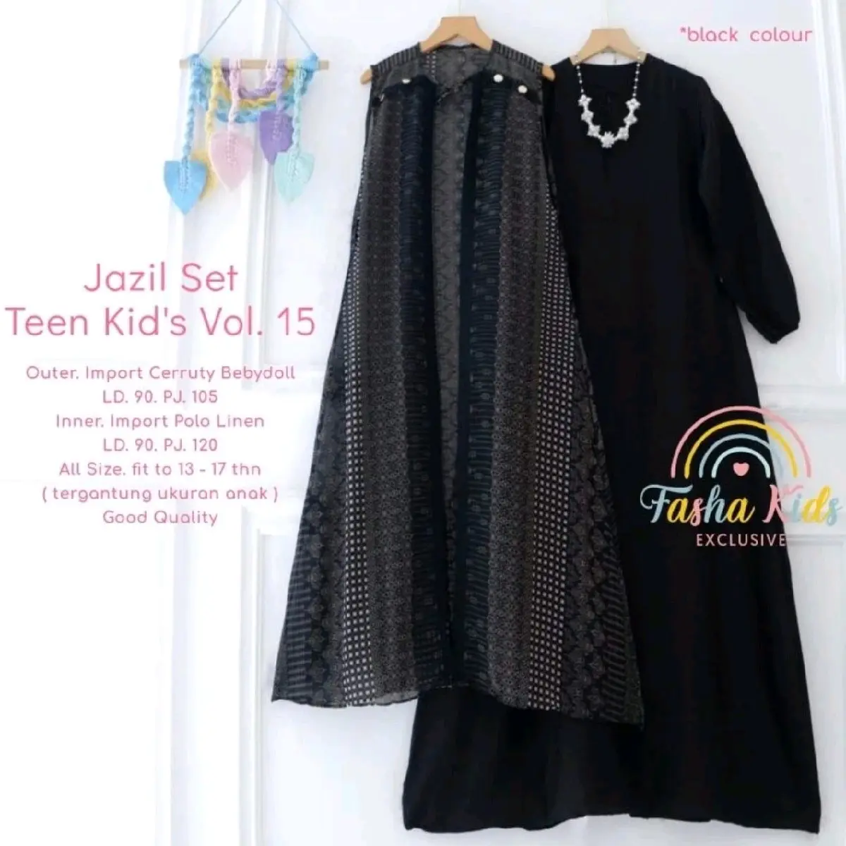 Set Anak Polo Linen Ceruty Hitam Inner Outer Jazil Siap Pakai - Pakaian, Fashion Setelan (Motif Outer sesuai Etalase)