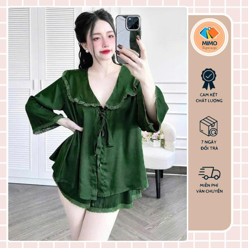 Đồ Ngủ Tiếu Thư Cố Viền Ren Nơ Xinh Xắn - Mẫu Babydoll tay ngắn quần cộc Bigsize - Lụa Lantin phối ren - MoMi Thế giới đồ ngủ