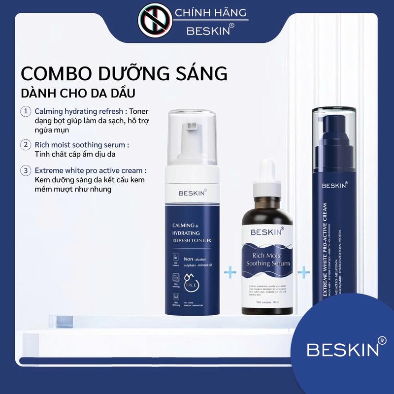 [=> COMBO dưỡng sáng cho da dầu <=]: "Kem Face Phấn Nhung 50ml + Tinh Chất Cấp Ẩm Dịu Da 50ml - Toner Tạo Bọt 150ml" - Thương Hiệu Beskin Việt Nam - Skincare Massage Son Làm Đẹp Da