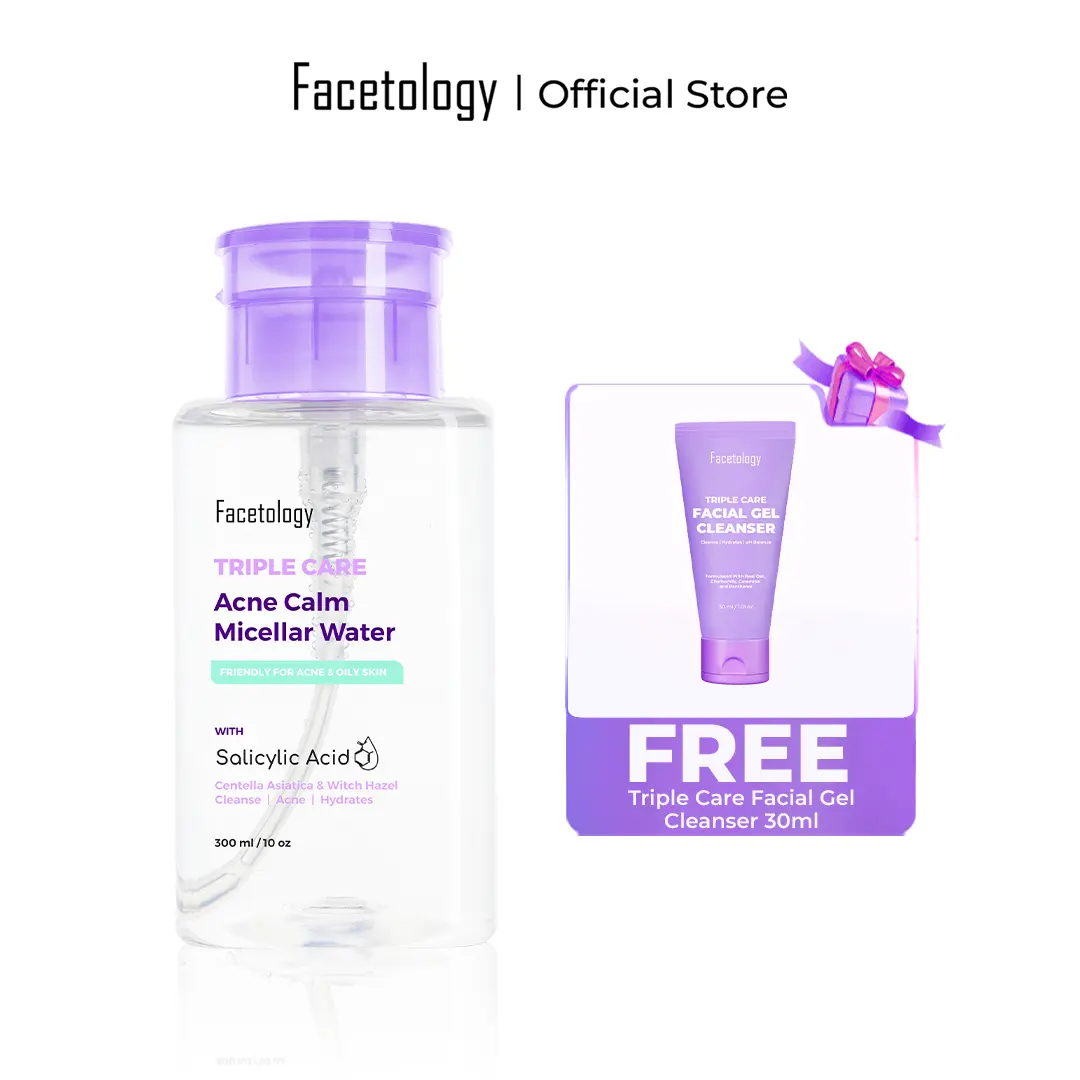 [NEW PACKAGE & IMPROVE FORMULA] Facetology Triple Care Acne Calm Micellar Water 300ML, Remover untuk membersihkan Kotoran Wajah Berminyak & Berjerawat, Acid