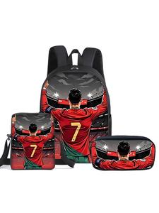 Conjunto de tres piezas con estampado de CR7 y diseño de fútbol: mochila de 16 pulgadas (de una sola capa), bandolera pequeña y estuche para lápices (de una sola capa).