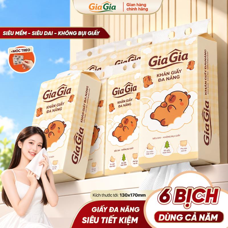 [DEAL ĐỘC QUYỀN] Thùng 6 Bịch Khăn Giấy Đa Năng GiaGia Cappy 1068 Lượt Rút/6 Bịch, Bột Giấy Nguyên Sinh, Siêu Dai - Không Bụi Giấy - Rút Đáy Tiện Lợi, Tặng Móc Treo, Khăn Giấy Rút Gia Đình, ĐẠT QUY CHUẨN CỦA BỘ CÔNG THƯƠNG