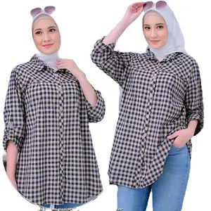 Biyya tunik wanita kekinian / Blouse kemeja jumbo motif kotak kotak LD 120 muat BB 85 KG Baju Atasan Muslim Panjang Katun Oversize Elegant Black Shirts & Blouses