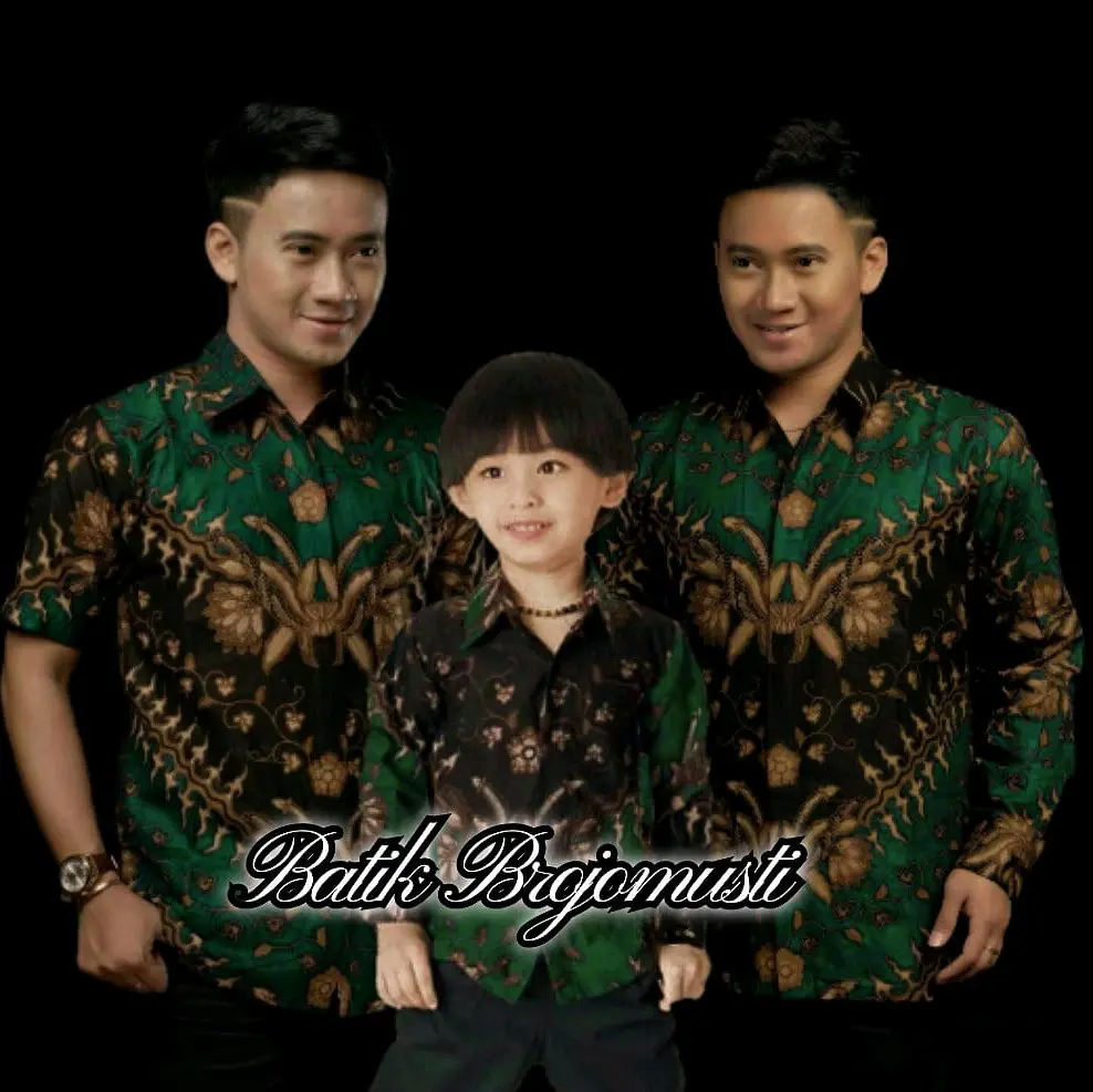 Kemeja batik pria warna hijau botol ayah dan anak laki-laki lengan panjang umur 2-12tahun - Kain Katun Santai Hitam Dewasa Keluarga Baju Pendek Motif