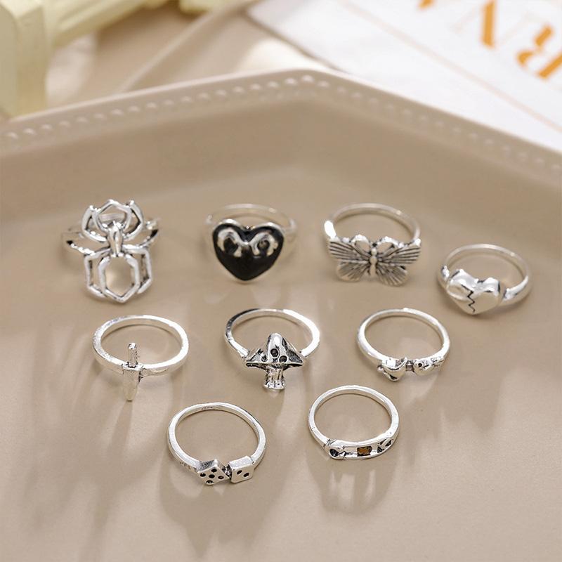 Product Introduction of 【Sktlz】5/6/7/9PCS-Creative Simple Personality Women Ring Set Spider Snake Shape Geometric Love Spade Butterfly 19
