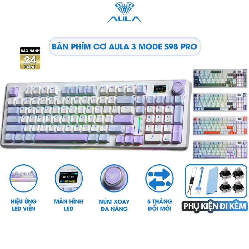 Bàn Phím Cơ 3 Mode AULA S98 PRO Gaming Hotswap Không Dây Bluetooth Núm Xoay Màn Hình Led Viền RGB Chính Hãng