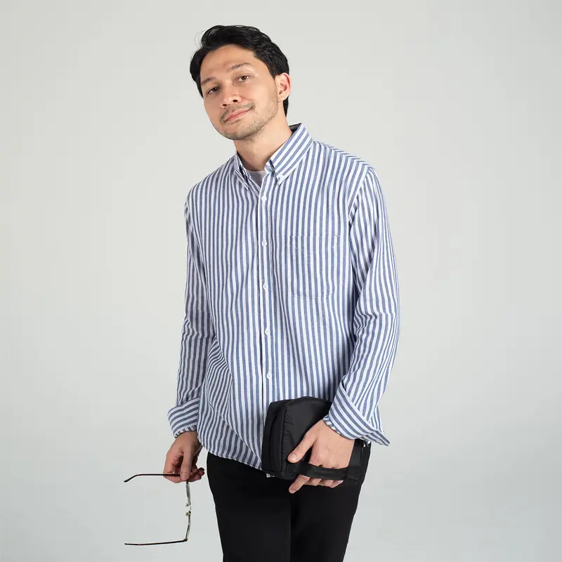 Kemeja Pria Garis WOODCUTTER Basic Butcher Stripe - Denim Blue Biru Lengan Panjang 3