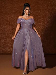 Vestido de talla grande de un solo hombro, vestido largo con cinturón fruncido con lentejuelas y abertura, vestido de fiesta estilo europeo, boda, evento, presentación en escenario