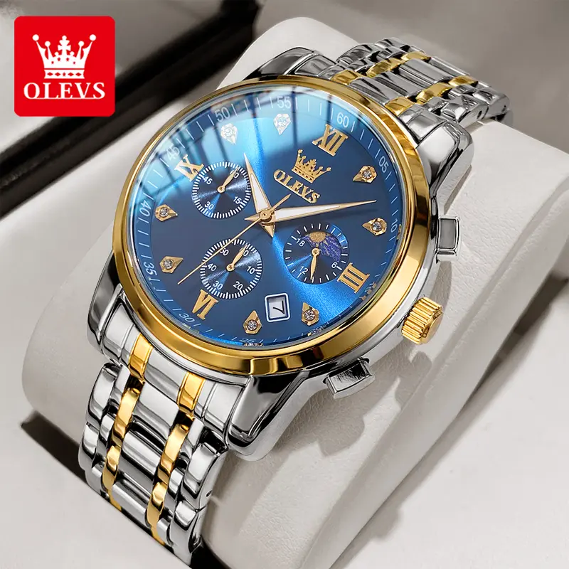 OLEVS men's stainless steel chronograph watch, large face gold silver black tone easy to read analog quartz watch, luxurious waterproof date diamond Roman Arabic numeral dial formal watch 0